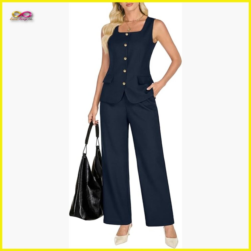 Sleeveless Blazer Vest Wide Leg Pants Set Business Casual Elegant Chic